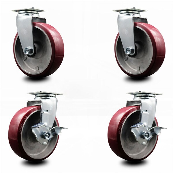 6 Inch Poly on Aluminum Swivel Caster Set with Ball Bearings 2 Brakes SCC